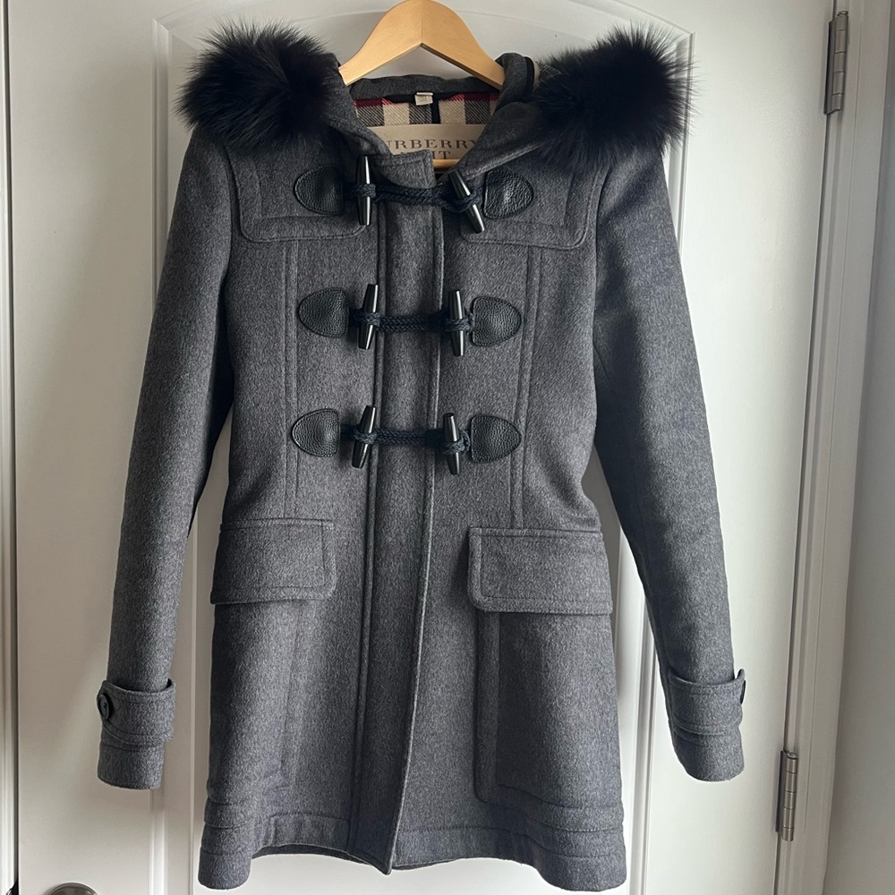 Burberry Brit Grey Wool Duffle Toggle Coat with Black Fox Fur Trimmed Hood Sz 4 - Picture 2 of 16